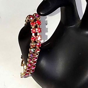Sparkling Pink Rhinestone Double Row Tennis Bracelet Rainbow Colors 7"